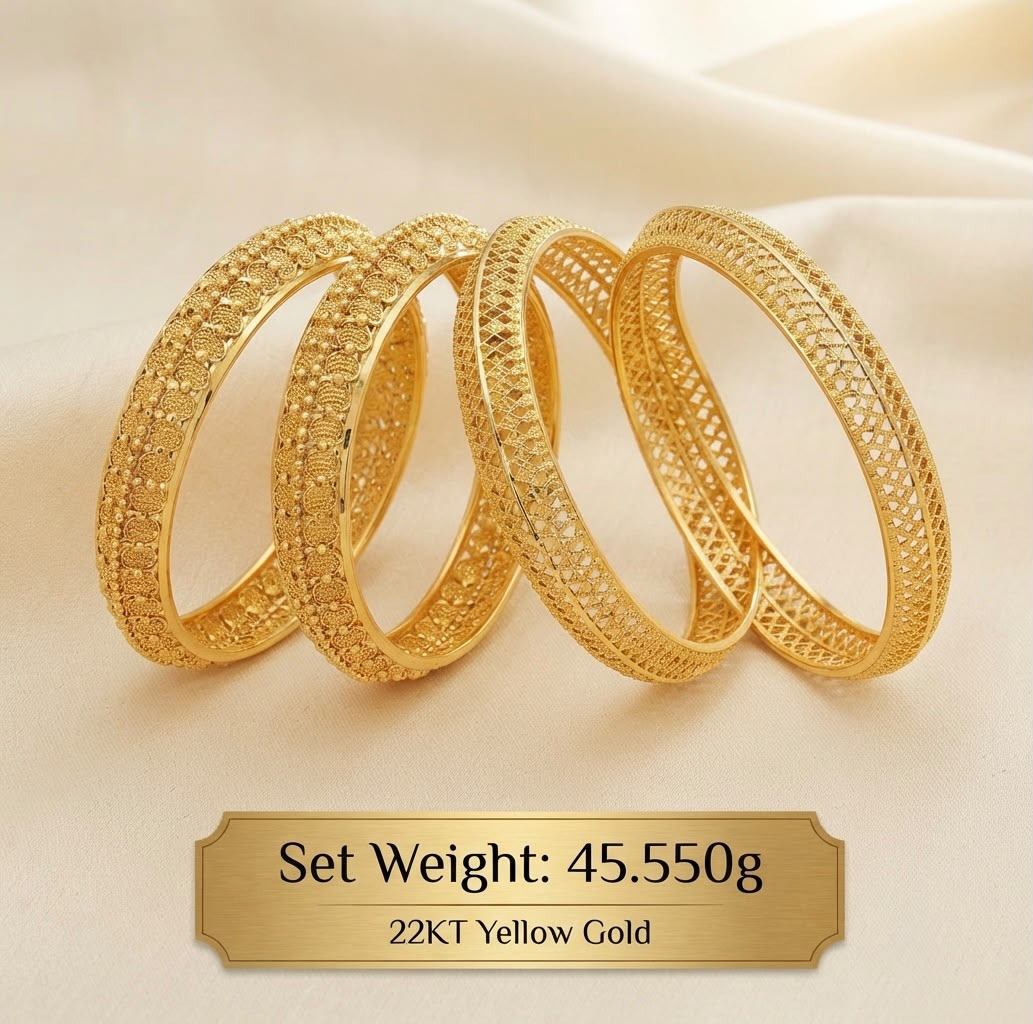 Gold Lattice Bangle Set — Set weight: 45.550 g · 22KT Yellow Gold