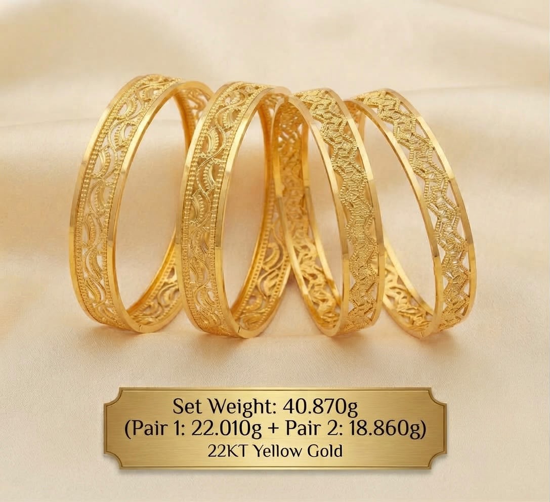 Gold Filigree Bangle Set — Set weight: 40.870 g (Pair 1: 22.010 g + Pair 2: 18.860 g) · 22KT Yellow Gold