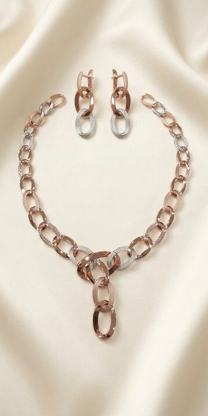 Rose & Silver Oval Link Necklace Set