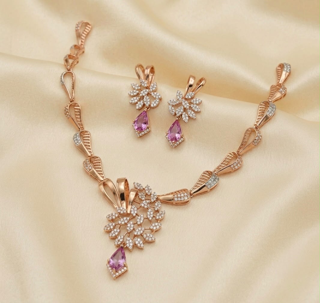 Rose Gold Leaf Cluster Necklace Set